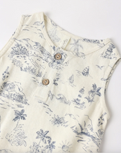 Load image into Gallery viewer, White sleeveless shirt with blue floral and nature-themed print on a white background
