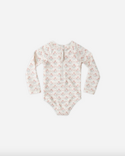 Load image into Gallery viewer, Floral-patterned baby onesie on a white background
