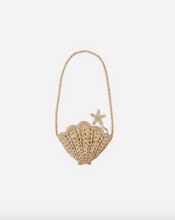 Load image into Gallery viewer, Raffia handbag shaped like a shell with a starfish on a light gray background
