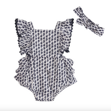 Load image into Gallery viewer, Navy floral swimsuit with matching cover-up on a white background
