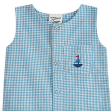 Load image into Gallery viewer, Blue checkered sleeveless shirt with a sailboat design on a white background
