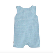 Load image into Gallery viewer, Blue checkered romper on a white background
