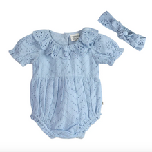 Load image into Gallery viewer, Light blue baby romper with ruffled collar and matching headband on a white background
