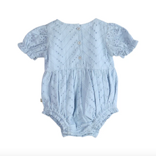 Load image into Gallery viewer, Light blue baby romper with ruffled sleeves on a white background
