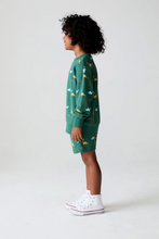 Load image into Gallery viewer, Child wearing a green sweater with dinosaur pattern on a white background
