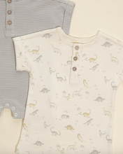 Load image into Gallery viewer, Baby outfit with dinosaur pattern and striped shirt on a neutral background

