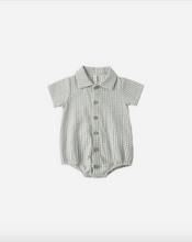 Load image into Gallery viewer, Green and white checkered baby romper on a light gray background
