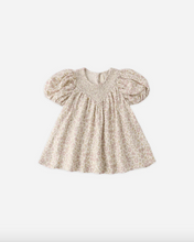 Load image into Gallery viewer, Beige floral dress with puff sleeves on a white background
