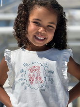 Load image into Gallery viewer, Young girl wearing a white shirt with lobster design outdoors
