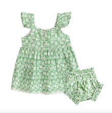 Load image into Gallery viewer, Green floral dress with matching bloomers on a white background
