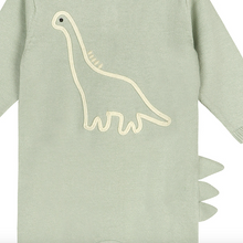 Load image into Gallery viewer, Light green baby romper with dinosaur design on a white background
