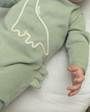 Load image into Gallery viewer, Green baby outfit with white trim on a white background
