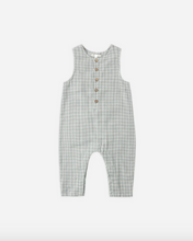 Load image into Gallery viewer, Checkered baby romper with buttons on a white background
