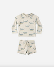 Load image into Gallery viewer, Children's pajama set with alligator pattern on a white background
