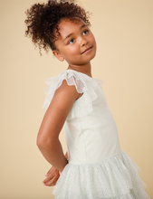 Load image into Gallery viewer, Young girl wearing a white lace dress against a beige background
