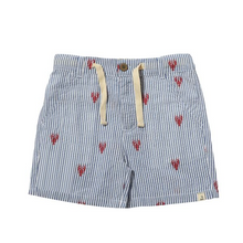 Load image into Gallery viewer, Blue and white striped shorts with red lobster patterns on a white background
