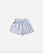 Load image into Gallery viewer, Light blue shorts with lace detailing on a white background
