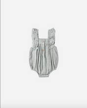 Load image into Gallery viewer, Gray checkered baby romper with ruffled straps on a white background
