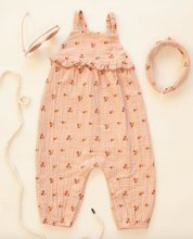 Load image into Gallery viewer, Pink baby romper with floral pattern and matching headband on a light background

