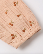 Load image into Gallery viewer, Quilted fabric with embroidered fruit patterns on a light background
