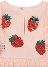 Load image into Gallery viewer, Pink dress with strawberry embellishments on a white background
