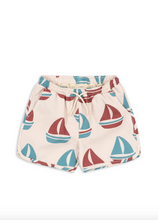 Load image into Gallery viewer, Shorts with sailboat pattern on a white background
