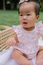 Load image into Gallery viewer, Baby in a white outfit with pink floral patterns sitting outdoors on a grassy area.
