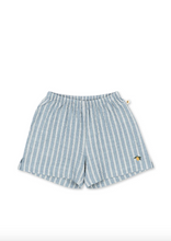 Load image into Gallery viewer, Blue and white striped shorts on a white background
