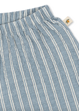 Load image into Gallery viewer, Blue and white striped fabric with a brand tag on a white background
