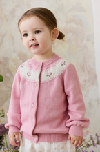 Load image into Gallery viewer, Young girl wearing a pink sweater with floral patterns against a soft, neutral background
