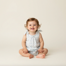 Load image into Gallery viewer, Baby sitting on a white background wearing a light blue floral dress.
