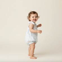 Load image into Gallery viewer, Baby in a light blue floral romper standing on a plain background
