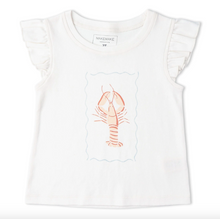 Load image into Gallery viewer, White t-shirt with a red lobster design on a white background
