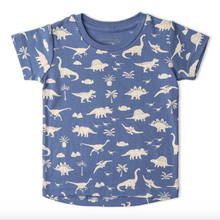 Load image into Gallery viewer, Blue t-shirt with white dinosaur pattern on a white background
