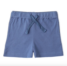 Load image into Gallery viewer, Blue shorts with a drawstring on a white background
