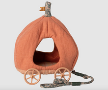 Load image into Gallery viewer, Pumpkin-shaped bed with wheels and a handle on a light gray background
