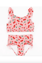 Load image into Gallery viewer, Two-piece swimsuit with cherry pattern on a white background
