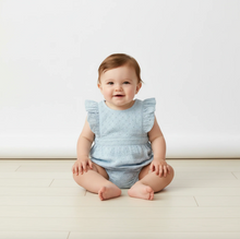 Load image into Gallery viewer, Organic Eyelet Flutter Romper - Light Blue Eyelet
