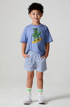 Load image into Gallery viewer, Child wearing a blue t-shirt with a dinosaur graphic and checkered shorts on a plain background
