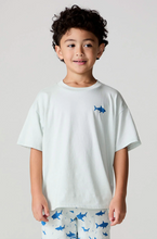 Load image into Gallery viewer, Child wearing a light blue t-shirt with a shark design on a plain background
