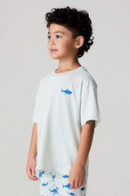 Load image into Gallery viewer, Child wearing a light gray t-shirt with a blue shark graphic on a plain background
