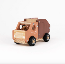 Load image into Gallery viewer, Wooden toy truck with a brown cabin and orange body on a white background
