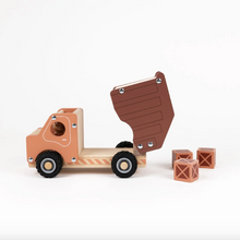 Load image into Gallery viewer, Wooden toy dump truck with detachable brown bed on a white background
