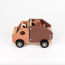 Load image into Gallery viewer, Wooden toy truck with a crane on a white background
