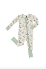 Load image into Gallery viewer, Baby onesie with long sleeves and legs, featuring a green zipper, on a white background.
