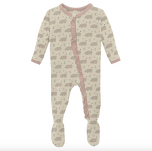Load image into Gallery viewer, Print Layette Ruffle Footie With 2 Way Zipper - Natural Hippo
