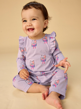 Load image into Gallery viewer, Ruffle Shoulder Baby Romper - Bow Tie Cats
