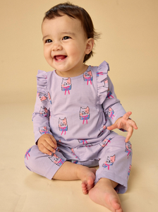 Ruffle Shoulder Baby Romper - Bow Tie Cats