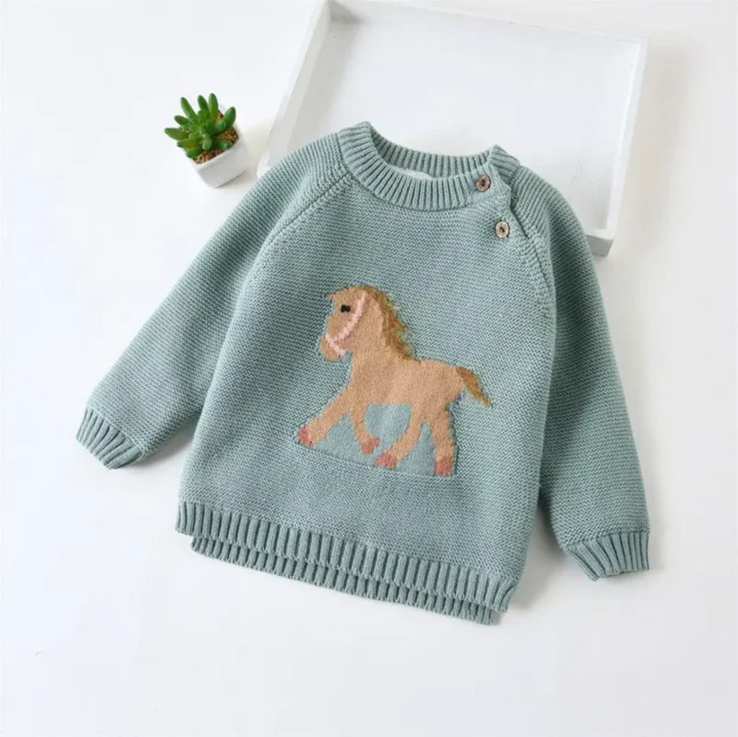 Kids Knit Horse Sweater - Teal