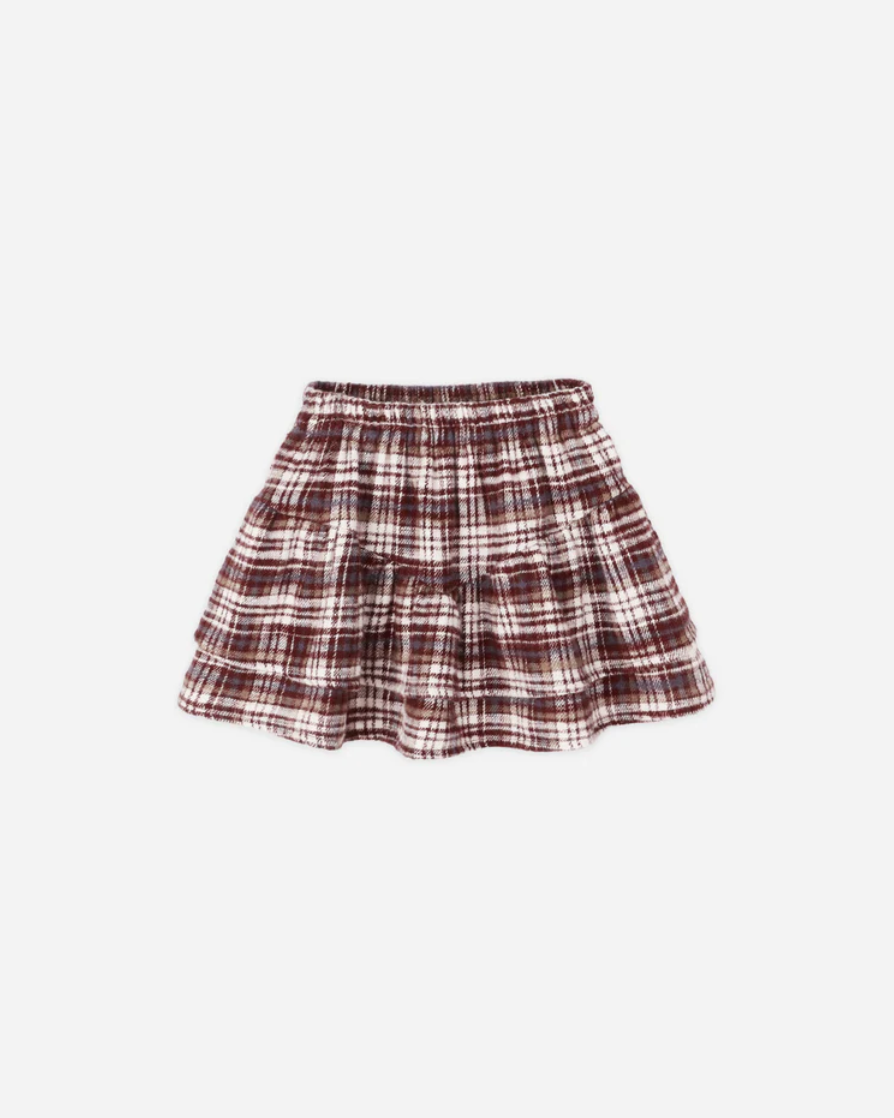 Tiered Mini Skirt - Burgundy Plaid